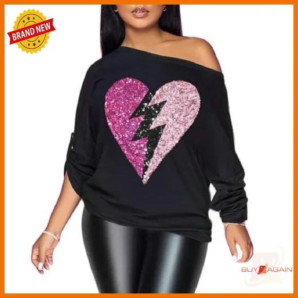 Off Shoulder Metallic Shiny Sweatshirt Long Sleeve Loose Fit Party Top - Picture 2 of 6